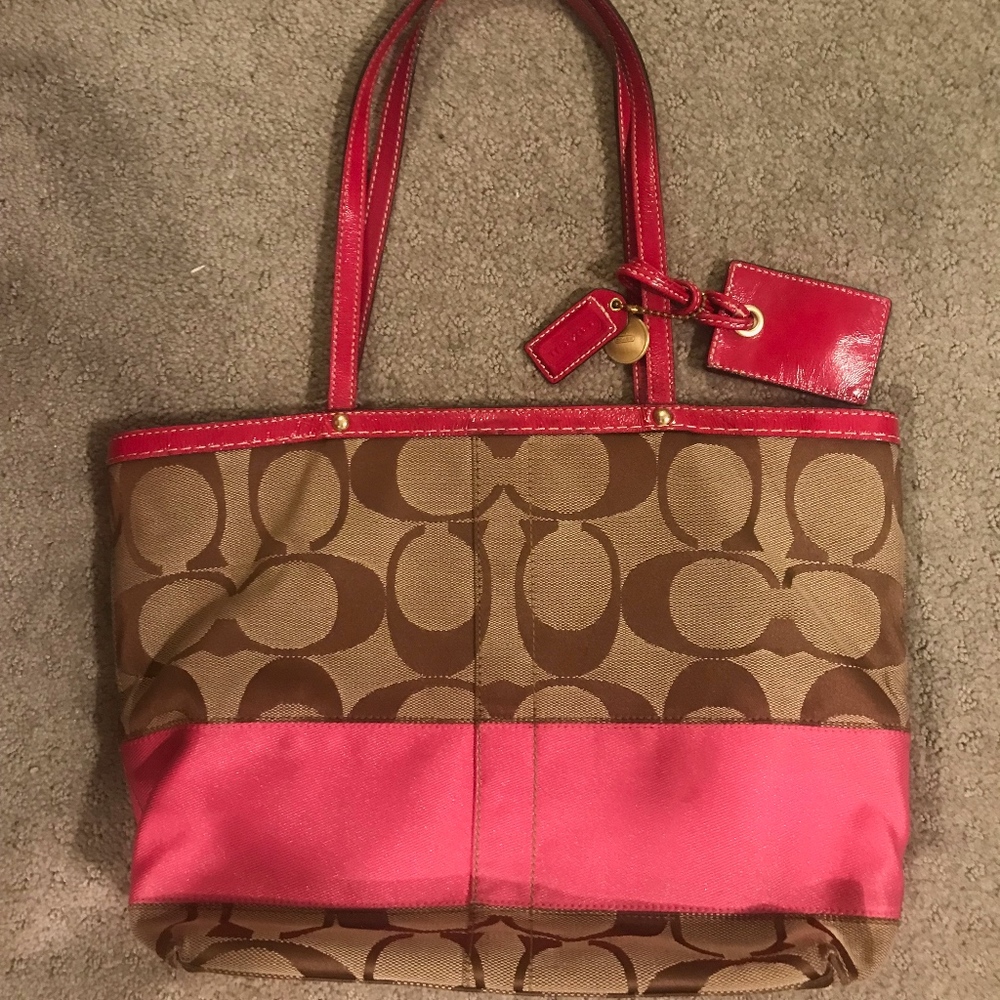 Coach Signature Stripe Tote Pink Canvas